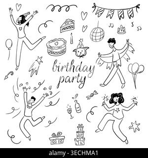 Vektor-Illustration einer Geburtstagsparty im Doodle-Stil. Party, Karneval, Feier Stock Vektor