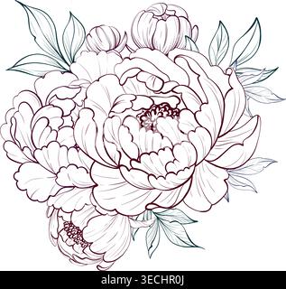 Pfingstrose Blumenstrauß mit Blättern. Botanische Anordnung für romantisches Design und Hochzeitsdekor Stock Vektor