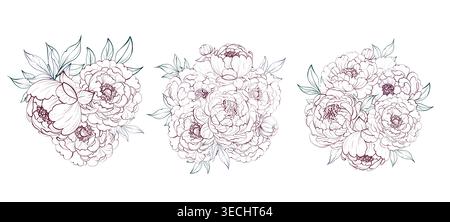 Set Pfingstrosensträuße mit Blättern. Blumenkollektion für Hochzeitsdekoration, Grußkarten und Design Stock Vektor
