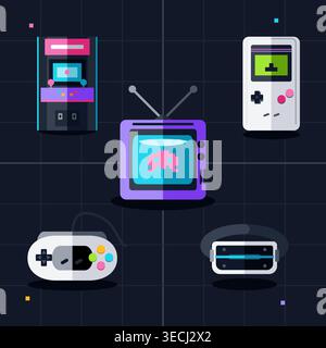 Lebendige, flache Darstellung klassischer Retro-Spielgeräte. Verfügt über eine Spielhalle, einen Vintage-Pixel-Art-Fernseher und eine Handkonsole. Stock Vektor