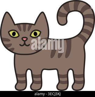 Niedliche braune Tabbykatze im schlichten Cartoon-Stil mit Streifenmuster und freundlichem Ausdruck. Klare Konturen und weiche natürliche Farben. Isoliert auf Transpar Stock Vektor