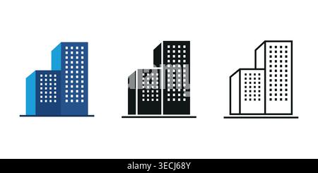Minimales Bürogebäude-Symbol in flachem und umrissenem Stil, das Büro, Hotel, Wolkenkratzer, Haus, Wohn-, Krankenhaus, Schule, Hauptquartier usw. Stock Vektor