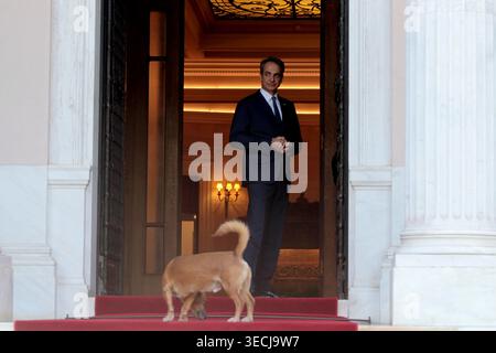 Griechenlands Premierminister Kyriakos Mitsotakis streichelt seinen Hund Peanut, bevor Monacos Fürst Albert II. Im Herrenhaus Maximos eintrifft Stockfoto