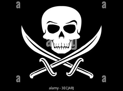 Klassische Jolly Roger Piratenfahne mit Schädel und gekreuzten Schwertern auf schwarzem Hintergrund Stock Vektor