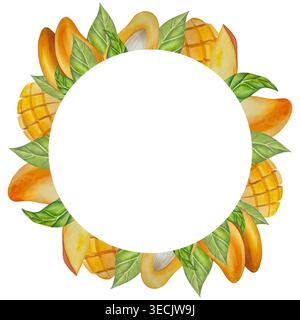 Botanische Illustrationen mit Aquarellen. Mangobrüchte und Blumen, mit Scheiben und Blättern isoliert auf weißem Hintergrund. Für Verpackung, Lebensmitteldesign, m Stockfoto