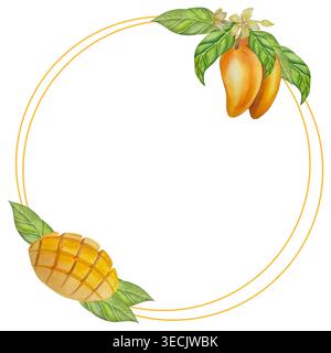 Botanische Illustrationen mit Aquarellen. Mangobrüchte und Blumen, mit Scheiben und Blättern isoliert auf weißem Hintergrund. Für Verpackung, Lebensmitteldesign, m Stockfoto