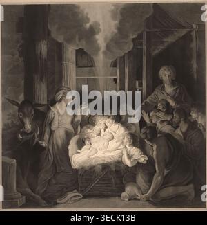 Sir Joshua Reynolds, die Shepherds bieten 1785 Öl auf Leinwand an. Religiöse Malerei des britischen Rokoko, Hirten Anbetung Christi Kind, pastorale Landschaftengel, allegorische Faith Hope Charity, New College Oxford Fensterdesign | ArchiVerse: Academic & Neoklassicism Stockfoto