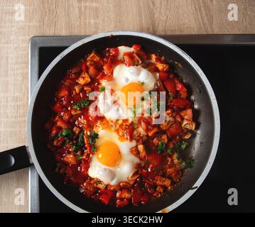 Blick von oben auf Shakshuka mit Eiern in Gusseisenpfanne Stockfoto