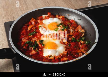 Hausgemachte Shakshuka in Pfanne mit Eiern und Gemüse Stockfoto