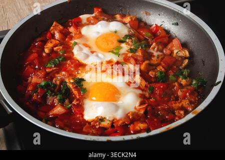 Shakshuka mit Eiern in Tomatensauce in Bratpfanne, Draufsicht Stockfoto