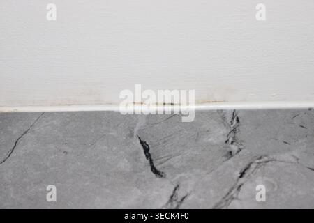 Wasserschäden und Pilzbefall an weißer Decke in der Nähe von Fliesen Stockfoto