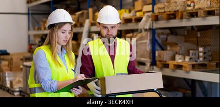Männliche und weibliche Arbeiter in Schutzhelmen und reflektierenden Westen, die die Versanddokumentation überprüfen. PSA-Konformität und Genauigkeit der B2B-Lieferkette Stockfoto