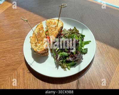 Präsentation Sonniger Mahlzeiten. Frisch Gegrilltes Sandwich Mit Gemüse. Rustikales Gericht Mit Käse Und Gemüse Stockfoto