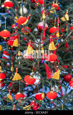 Nahaufnahme der chinesischen Neujahrsdekoration mit roten Laternen, goldenen Quasten und festlichen Reizen, die an einem immergrünen Baum hängen, wodurch ein helles Licht entsteht Stockfoto