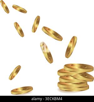 Fallende Goldmünzen. Goldene Münzen. Finanzielles Glück. Wohlstand Stock Vektor