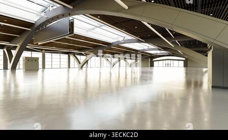 Geräumiges, modernes Ausstellungshalle mit gebogenen Stahlbalken, Dachpaneelen mit Oberlicht, glänzenden Betonböden und leerem Freiraum für alle Stockfoto