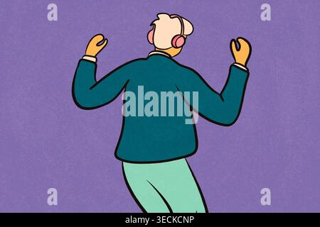 Verspielte flache Illustration eines Mannes, der von hinten gesehen wird und Kopfhörer trägt, mit erhobenen Armen auf einem violetten Hintergrund tanzt, Musik, Bewegung und festnimmt Stockfoto