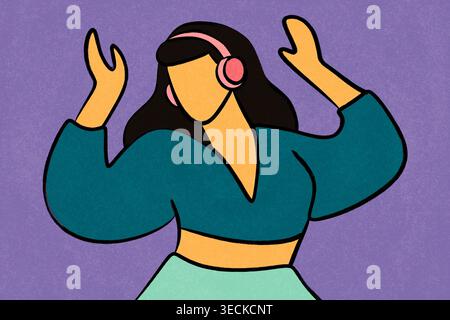 Flache Vektor-Illustration einer gesichtslosen Frau, die rosa Kopfhörer trägt und mit erhobenen Händen tanzt. Modernes minimalistisches Design auf strukturiertem Lila Stockfoto
