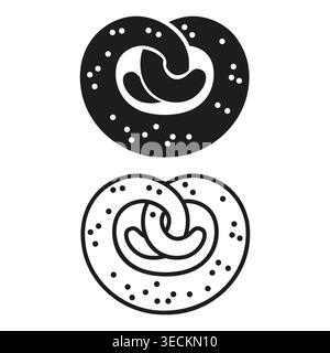 Brezel-Symbol-Set mit Umrissen und soliden schwarzen Stilen, Bäckerei-Snack-Symbol-Sammlung isoliert auf weißem Hintergrund für Lebensmitteldesign Stock Vektor