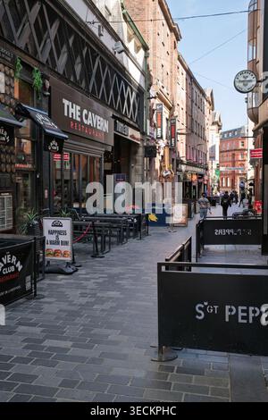 Blick auf das Cavern Quarter, Liverpool, Heimat des berühmten Cavern Club Stockfoto