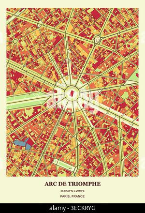 Lebendige Stadtkarte und architektonisches Layout des Arc de Triomphe und des Place Charles de Gaulle in Paris, Frankreich. Stock Vektor