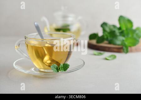 Eine Glasschale mit frischem Minztee auf hellem Hintergrund mit einer Teekanne aus Glas und Minzblättern auf einem Holzbrett im Hintergrund. Konzept des gesunden pflanzlichen d Stockfoto