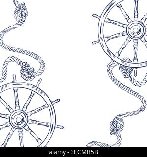 Ein Vektorrahmen auf einem Meeresmotiv mit einem Schiffsruder und einem Seil mit Knoten, alle Objekte sind handgezeichnet in Tinte. Eine maritimen Illustration für den Stock Vektor