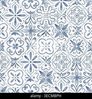 Nahtloses Aquarellmuster aus blauen Keramikfliesen mit ornamentalen Motiven und Symmetrie. Dekorativer mediterraner Hintergrund für Innenarchitektur, Wand- und Bodendekoration, Textil, Verpackung und Oberfläche. Stockfoto