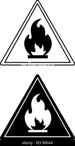 Brennbare Schilder. Schwarzweiß-Vektorsymbole. Brandschutz. Gefahrenwarnschild Stock Vektor