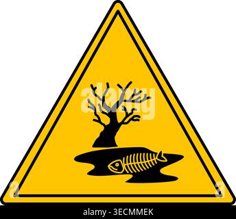 Gelbes Schild umweltgefährlich. Vektorsymbol. Getrocknete Baum- und Fischskelett in einer Puddle. Umweltverschmutzung. Gefahrenwarnschild Stock Vektor