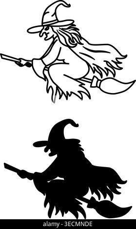 Hexensymbole. Schwarzweiß-Vektorsymbole. Die böse Hexe fliegt auf Besen. Märchenhafter Charakter. Halloween-Konzept Stock Vektor