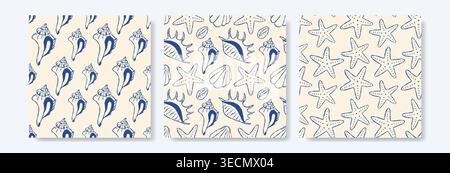 Blaue Muscheln und Seesterne auf cremefarbenem Hintergrund. Einfaches, elegantes und verspieltes Design. Stock Vektor