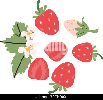 Abstraktes Erdbeerset. Cartoon-Beere mit Blumen und Blättern. Erdbeerelemente. Kann für Stau-Etiketten, modernes Poster verwendet werden. Stock Vektor