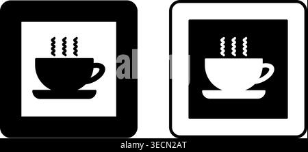 Wegweiser Autobahn Erfrischungen. Straßenschilder. Tasse heißer Tee oder Kaffee. Schwarzweiß-Vektorsymbole Stock Vektor