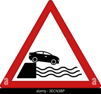 Abfahrt zum Roten Schild am Embankment. Gefahrenzeichen. Das Auto fällt ins Wasser. Fahrerwarnung. Vektorsymbole Stock Vektor