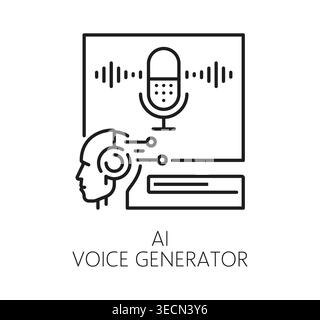 KI-Symbol für Sprachgenerator-Technologie mit künstlicher Intelligenz. Vektorsymbol der KI-Technologie für die Soundverarbeitung. Software-Symbol für künstliche Intelligenz mit Mikrofon, Audiowelle und Roboterkopf Stock Vektor