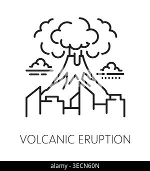 Vulkanausbruch Naturkatastrophe, globale Katastrophenlinie Symbol. Vulkanische Eruptionsunfall-Umrisssymbol, Naturkatastrophen-Vektorzeichen. Symbol für die Planetenkataklyse mit einem Vulkanausbruch, Stadtbauten Stock Vektor
