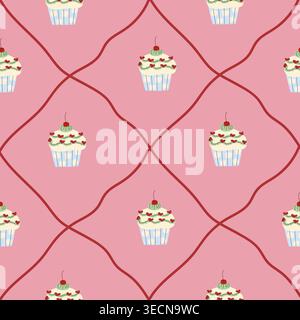 Ein nahtloses Muster von Cupcakes, dargestellt in einem flachen Cartoon-Stil. Mit farbenfrohen Zuckerguss, Kirschen und rosafarbenem Hintergrund. Ideal für Abendessen Stock Vektor