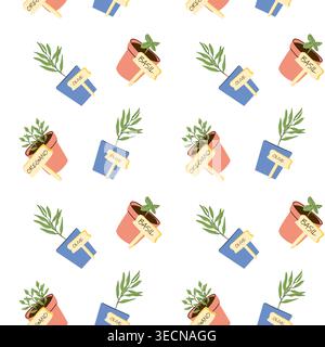 Ein nahtloses Muster aus Kräutertöpfen mit Etiketten aus Basilikum und Oregano in flacher Cartoon-Optik. Ideal für Textildesign, Kücheneinrichtung und Gartenthemen Stock Vektor