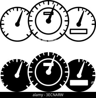 Tachometersymbole. Schwarz-weiße Vektorsymbole von Fahrzeugtachometern. Geschwindigkeitsanzeige. Car Service Konzept Stock Vektor