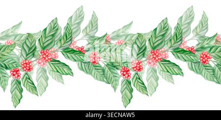 Wasserfarbenkaffee nahtloser Rand mit grünen Blättern und roten Beeren. Handgezeichnetes botanisches horizontales Muster von Kaffeezweigen für das Café-Menü Stockfoto