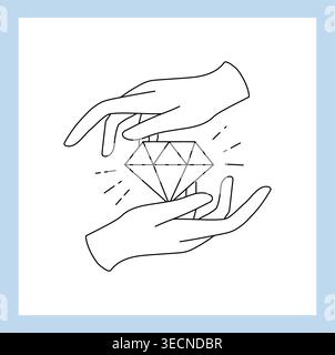 Hände halten Diamant. Minimalistisches Logo für Marke, Emblem-Design. Emblem oder Etikett mit kostbarem Kristallsymbol, Vektor-isolierte Illustration Stock Vektor