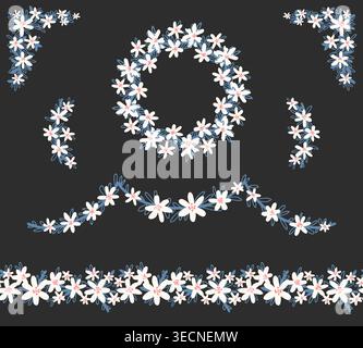 Romantischer Blumenkranz und hängende Girlandenelemente, Ecke im Doodle-Stil. Stock Vektor