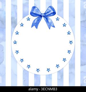 Festlicher runder Rahmen in Aquarellfarben mit blauer Satinschleife und kleinen blauen Sternen. Elegante handgezeichnete Illustration für Babydusche, Geburtstagskarten oder Feiertage Stockfoto