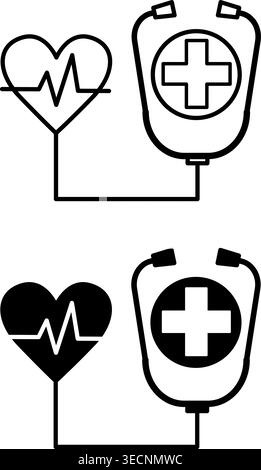 Funktionssymbole. Schwarzweiß-Vektorsymbole. Tonometer, pulsierendes Herz und medizinisches Kreuz. Gesundes Lifestyle-Konzept Stock Vektor