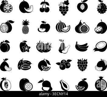 Symbolset Mit Schwarzen Früchten. Vektorsymbole von Apfel, Birne, Kiwi, Wassermelone, Orange, Pfirsich, Aprikose, Passionsfrucht, Ananas, Feigen, Erdbeere, Pomelo, Banane Stock Vektor