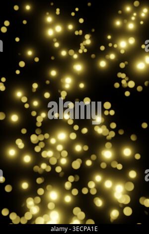 Bokeh gelbe goldene Lichter. Abstrakter Hintergrund mit goldenen Bokeh-Partikeln steigen auf schwarzem Hintergrund nach oben Stockfoto