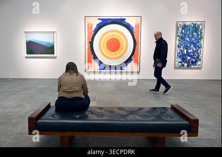 New York, USA. Mai 2026. (L-R) Eine Frau sitzt und ein Mann geht vorbei, bevor drei Kunstwerke von David Hockney 'The Valley, Mountains in Var (nahe La Garde Freinet)' (geschätzte 6 Millionen bis 8 Millionen Dollar), Kenneth Nolands 'Circle' (geschätzte 4 Millionen bis 6 Millionen Dollar) und Joan Mitchells 'Loom II' (geschätzte 5 Millionen bis 7 Millionen Dollar) während der Sotheby's Modern Marquee, New York, 1. Mai 2026. Mai, New York, New York, New York, New York, New York, ausgestellt werden. (Foto: Anthony Behar/SIPA USA) Credit: SIPA USA/Alamy Live News Stockfoto