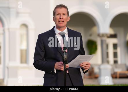 Gouverneur von Bermuda Andrew Murdoch sprach während eines Empfangs im Garten des Regierungshauses in Hamilton, am ersten Tag des Staatsbesuchs in Bermuda. Bilddatum: Freitag, 1. Mai 2026. Stockfoto