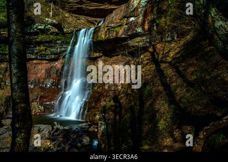Kaaterskill Falls - Wald und einer der letzten Wasserfals der Vereinigten Staaten an einem sonnigen Frühlingstag; Catskill Mountains, Hunter, New York Stockfoto